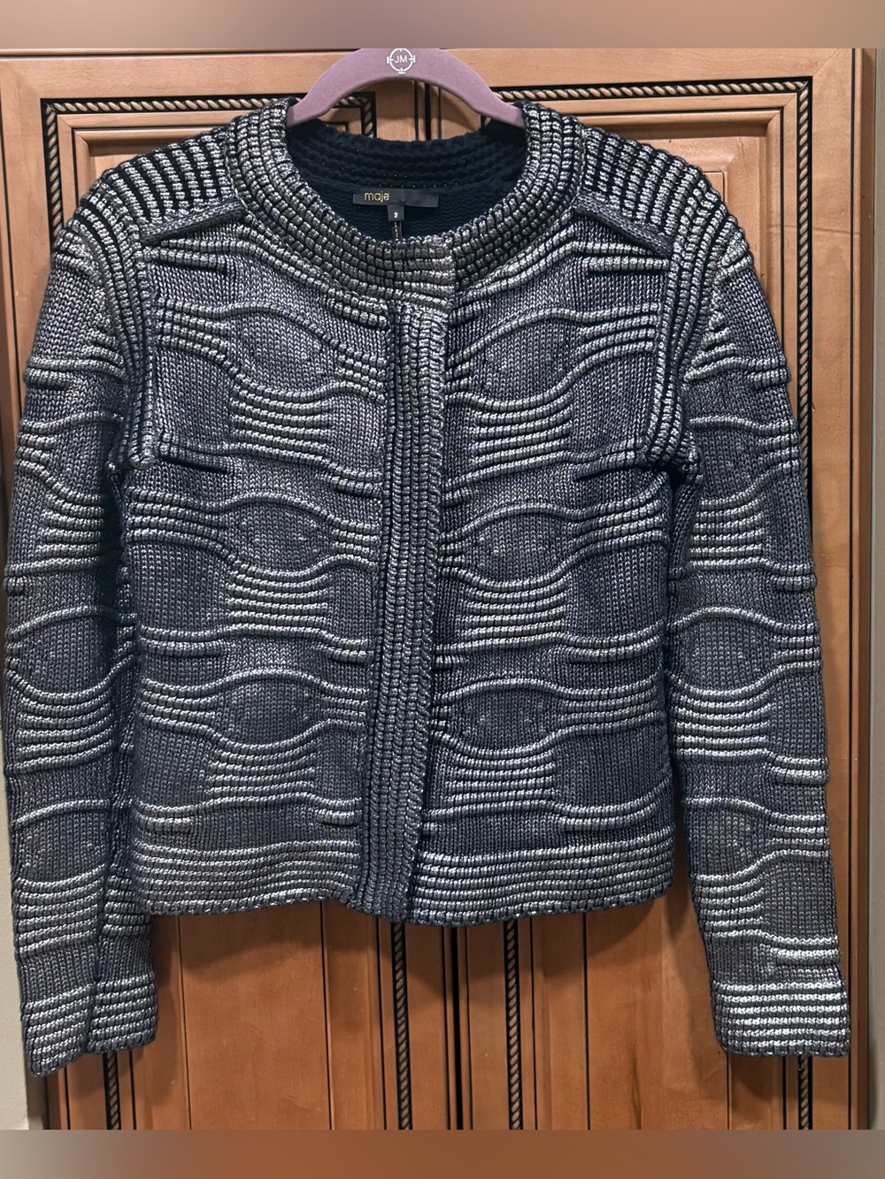 Unique MAJE wavy net silver/black short full zip jacket. Size 2.